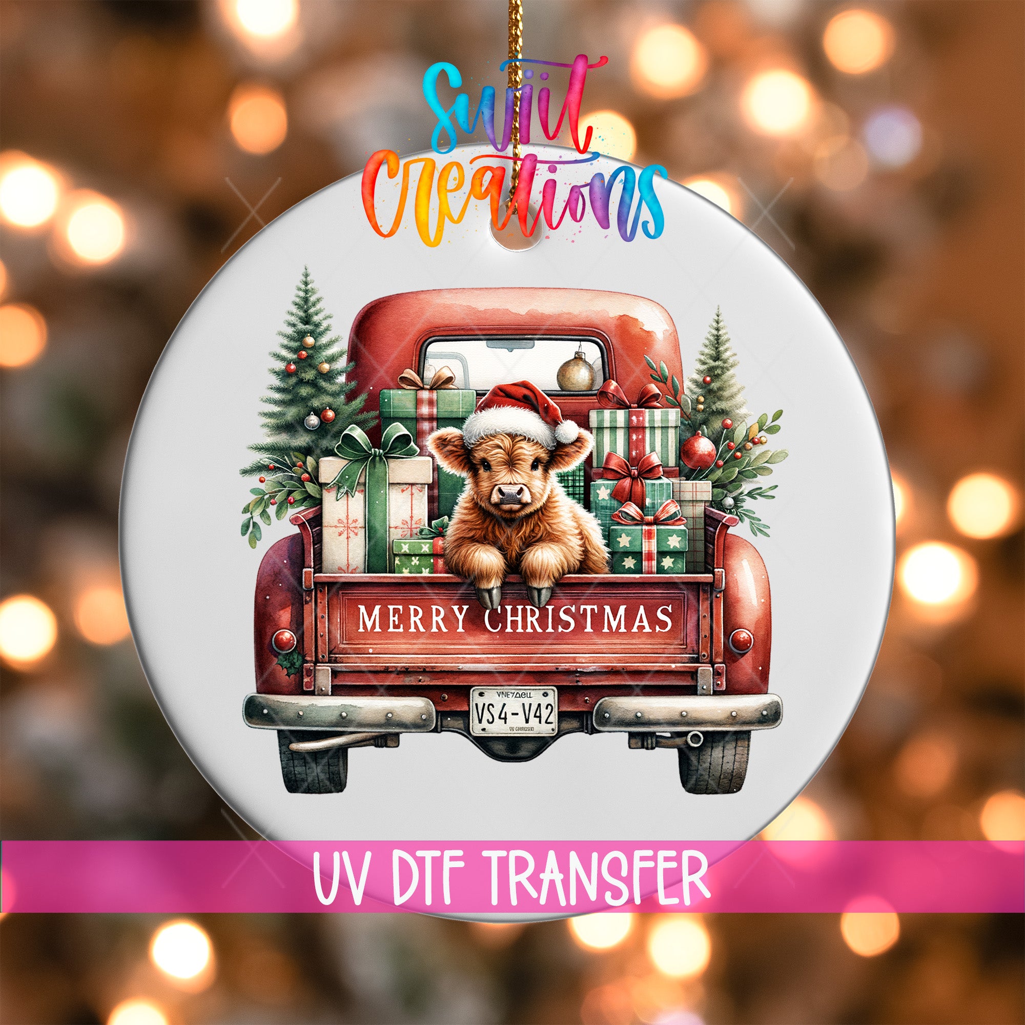 A Christmas ornament featuring a cow in a red truck, surrounded by presents and a Christmas tree.