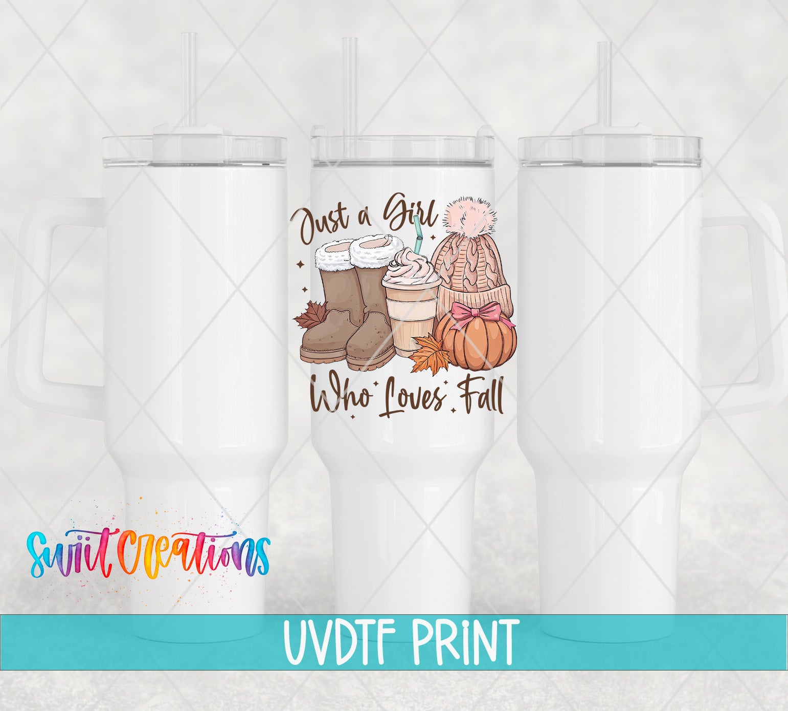 a white tumbler with a printed design on it, including a pumpkin, boots, and a cup of coffee.