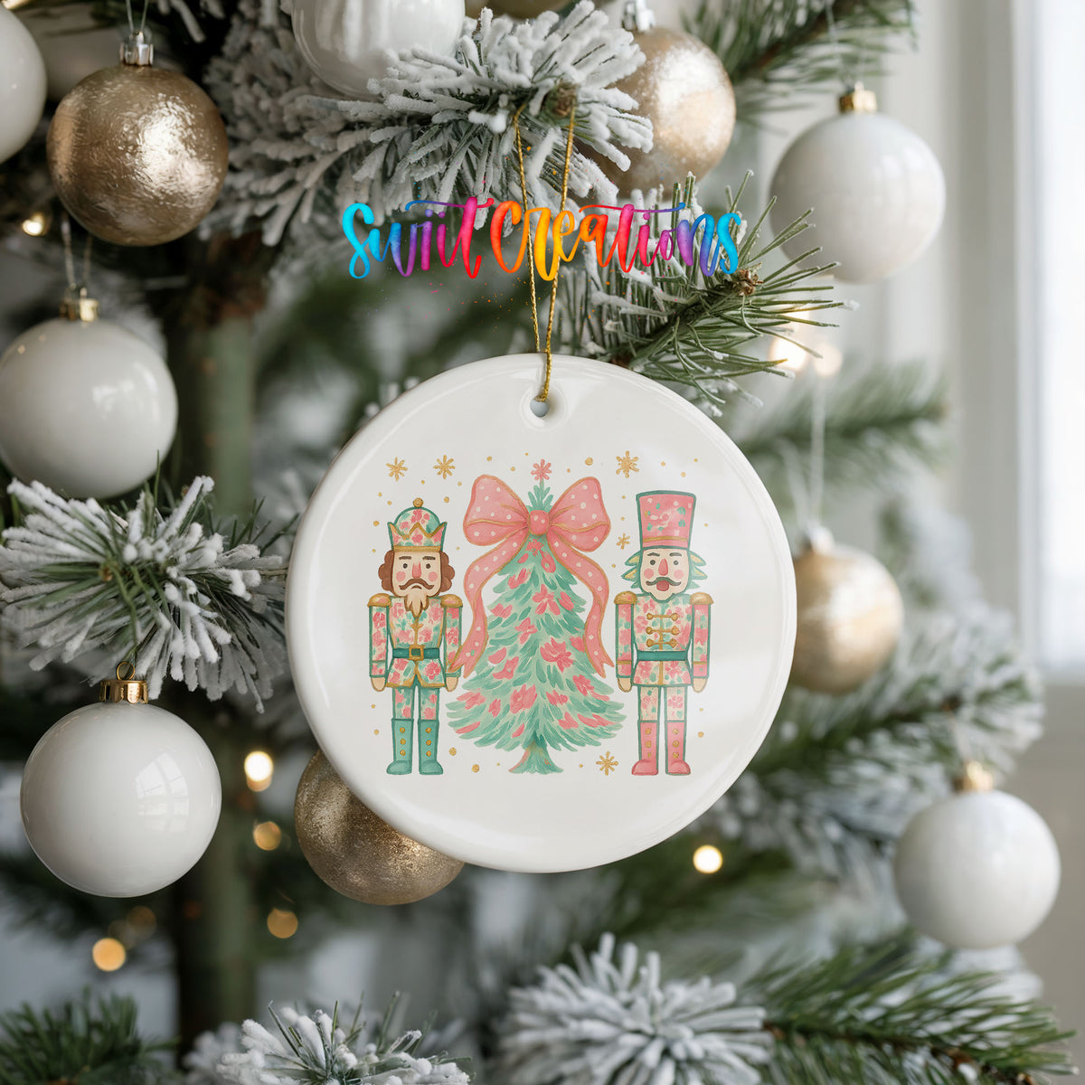 A white ceramic ornament with a Christmas tree design and two nutcracker characters is hanging on a decorated Christmas tree.