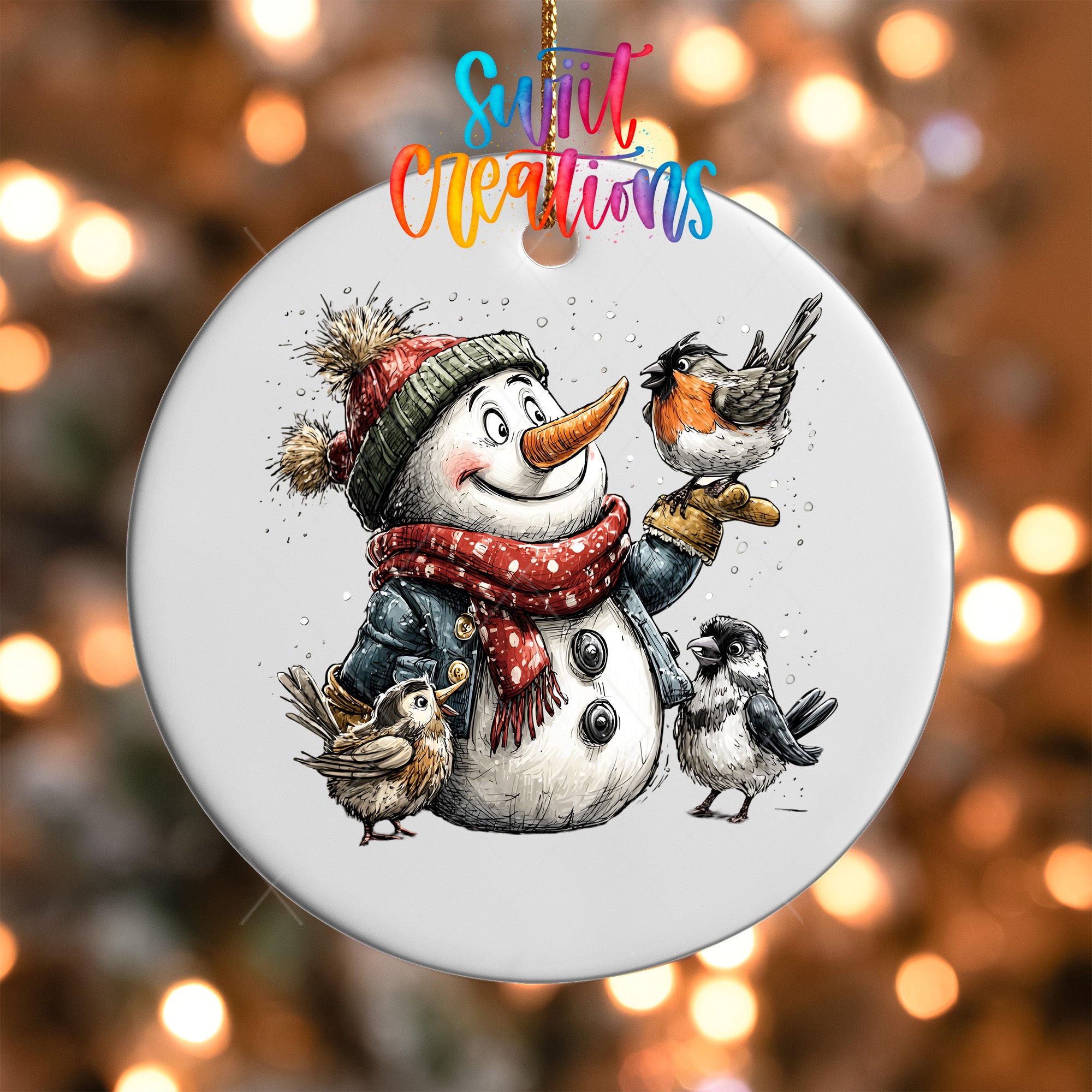 A snowman ornament with a bird perched on its hand, surrounded by other birds, against a background of twinkling lights.