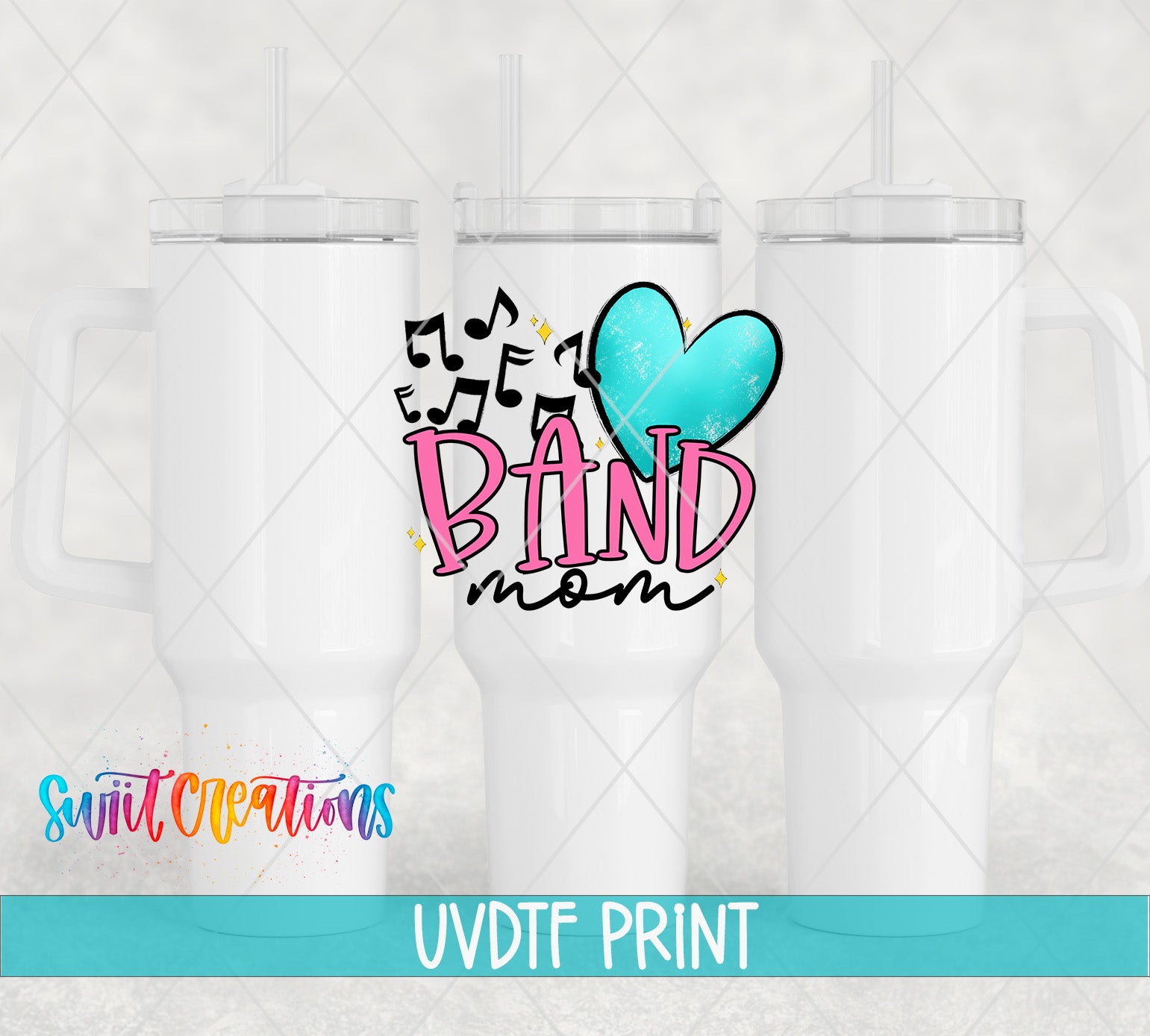 three white tumblers with a colorful graphic design on them, including a heart and musical notes. The text "BAND mom" is prominently displayed in the center of the design.
