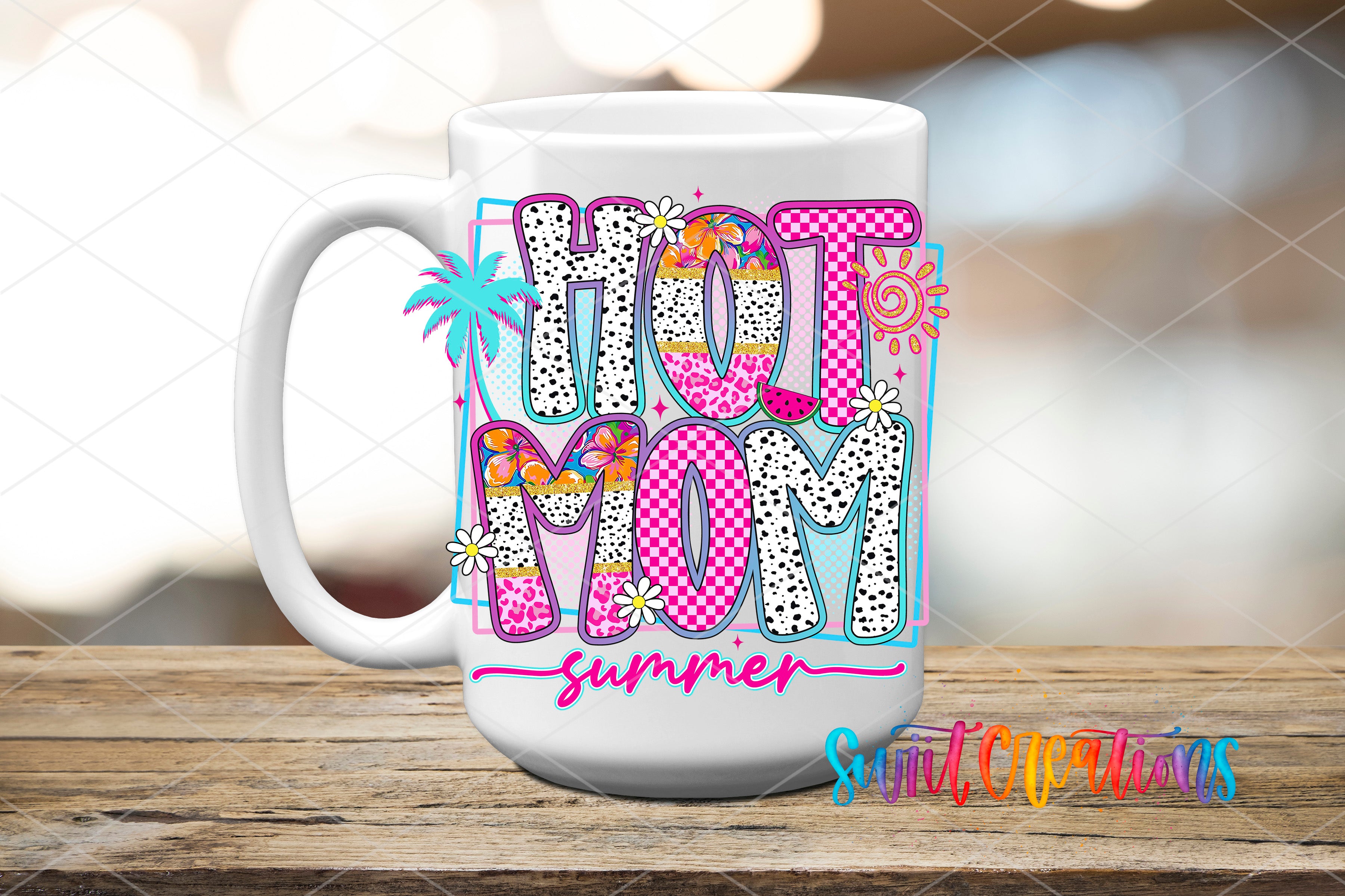 A white mug with colorful text and graphics that says "HOT MOM summer" on it.