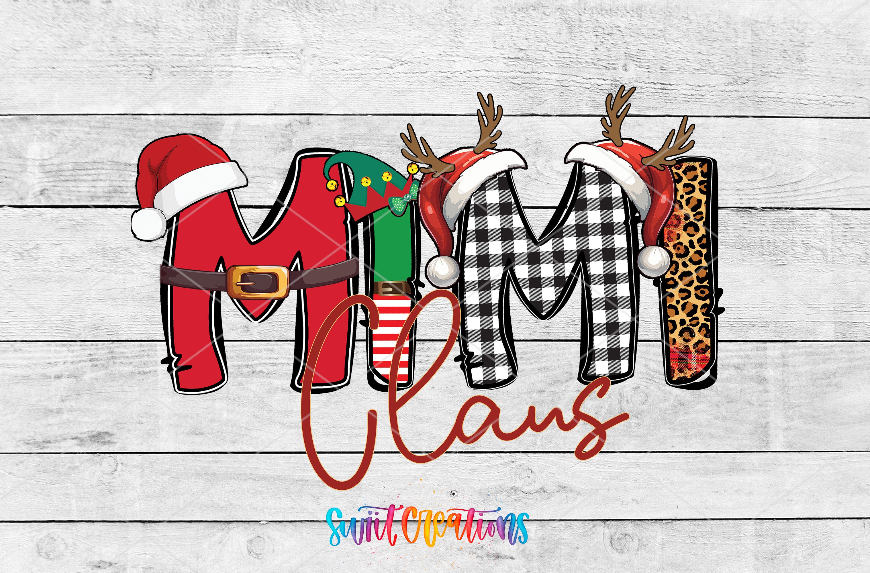 a creative and colorful design with the letters "MIM" and "Clans" arranged in a playful manner, accompanied by festive elements such as Santa hats and antlers.