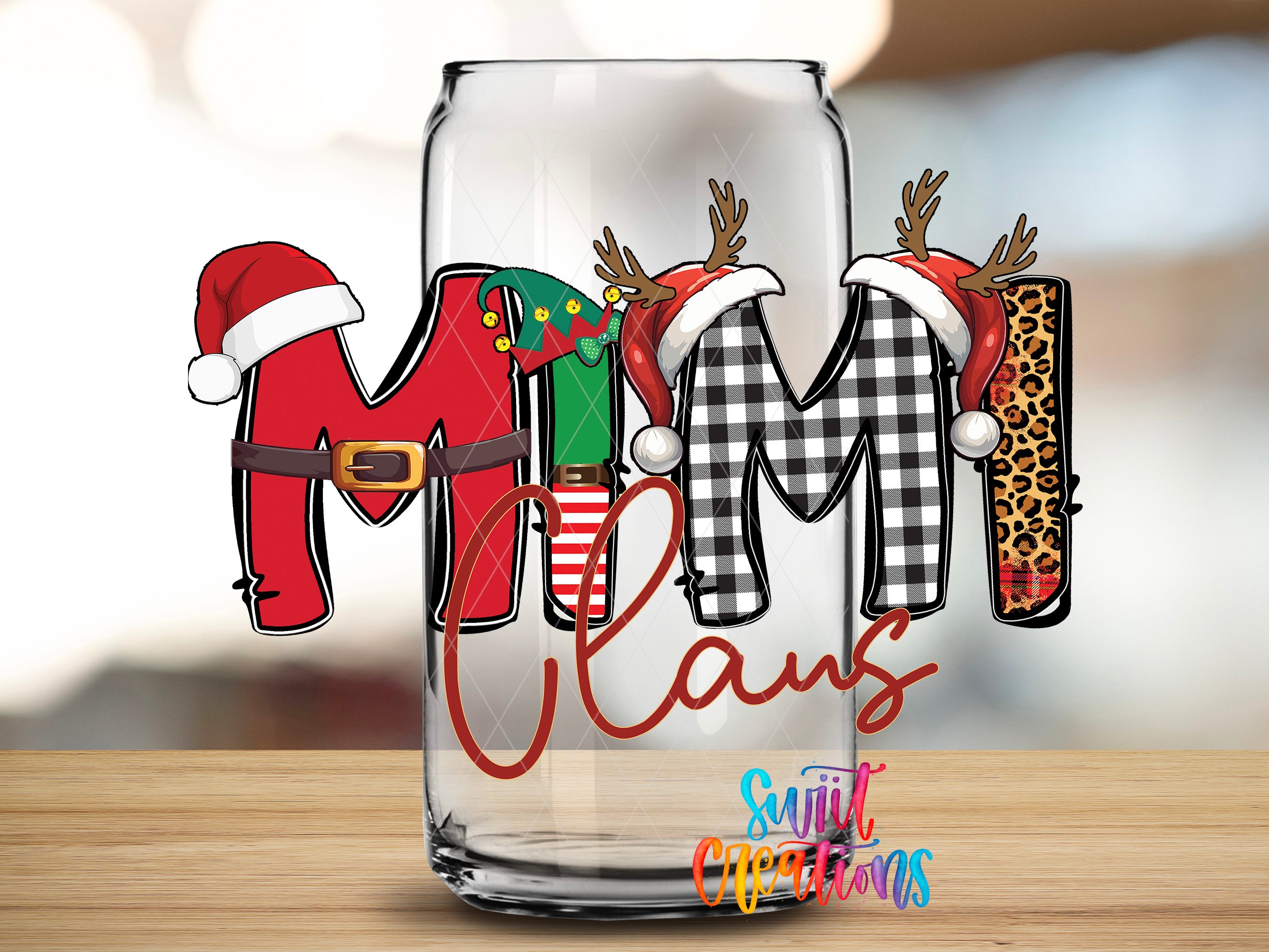 A glass can with the word "Mimi" written on it, along with various Christmas-themed elements such as reindeer, Santa hats, and leopard print.