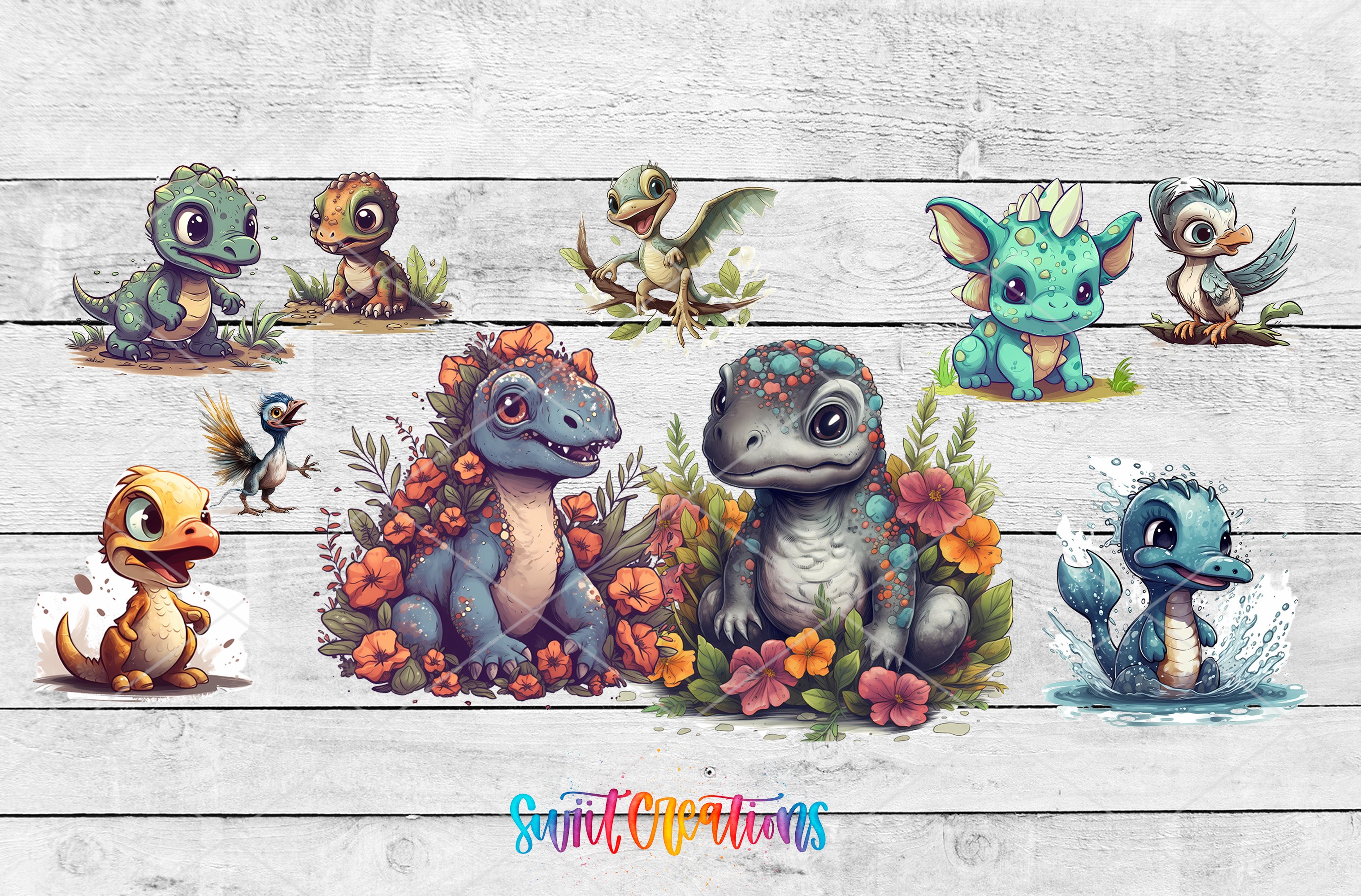 The image is a collage of various cartoon-style illustrations of small animals, including dinosaurs, birds, and other fantastical creatures, set against a wooden background.