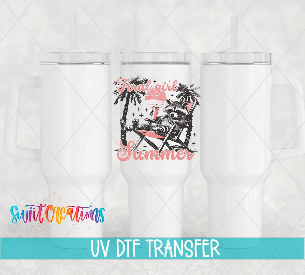 Swiit Creations UV DTF Feral Girl Summer Raccoon transfer shown on a white tumbler set