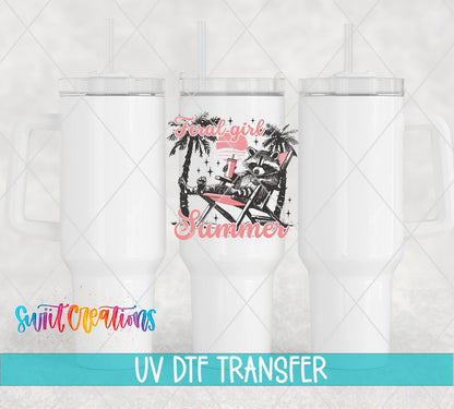 Swiit Creations UV DTF Feral Girl Summer Raccoon transfer shown on a white tumbler set