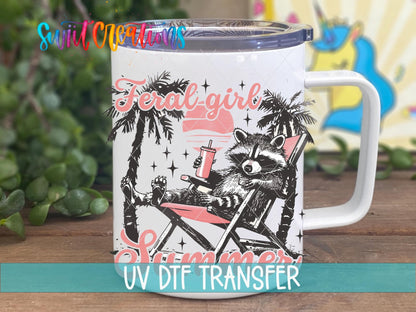 Swiit Creations UV DTF Feral Girl Summer Raccoon transfer displayed on a white coffee mug