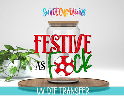 Festive As F Christmas UV DTF transfer displayed on a clear jar mockup from Swiit Creations