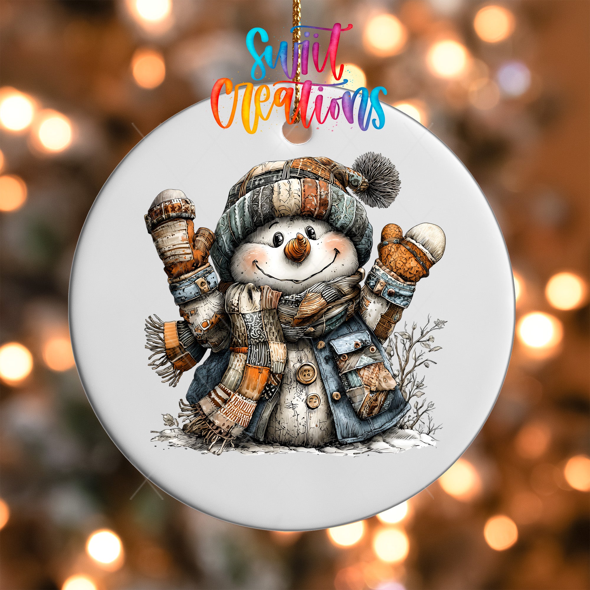 A snowman ornament with a colorful scarf and hat, surrounded by snow and twinkling lights.