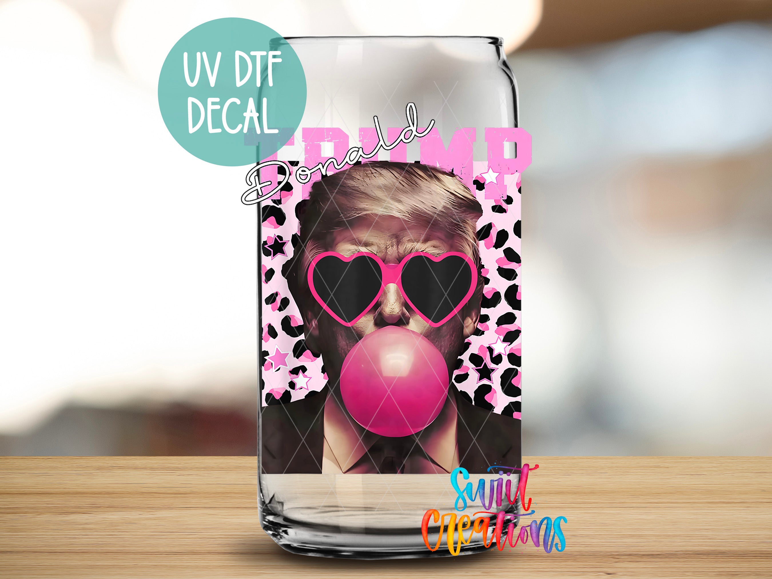 A glass can with a design featuring a man wearing sunglasses and a bubblegum bubble, along with the text "Trump" and "UV Dtf Decal".
