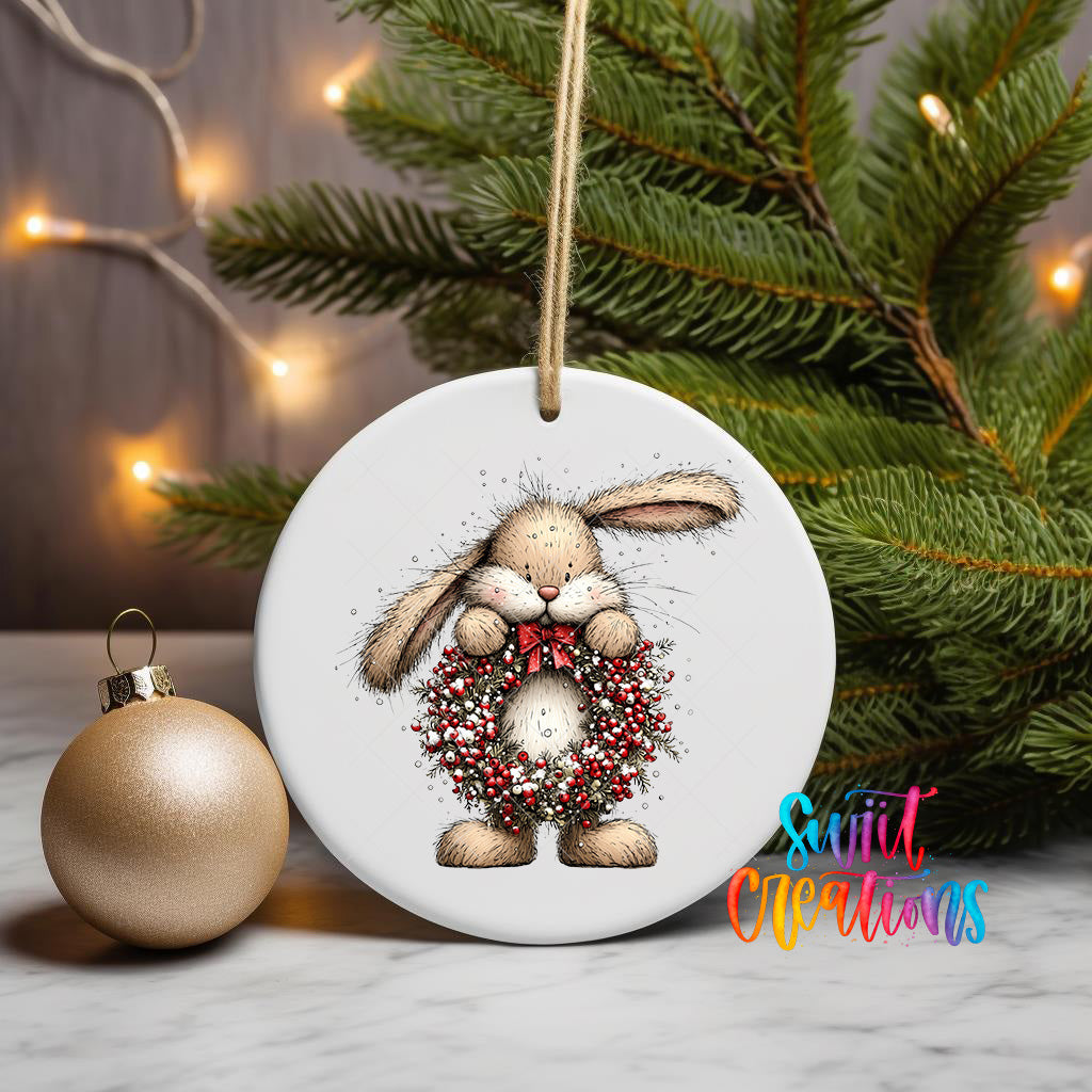 A white ceramic ornament featuring a cartoon rabbit holding a wreath, placed on a marble surface next to a gold ornament and a Christmas tree with twinkling lights.