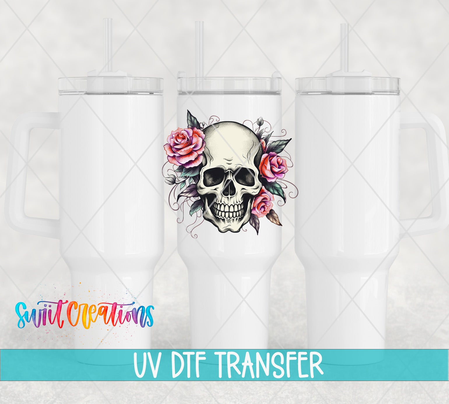 three white tumblers with a skull design and floral elements.