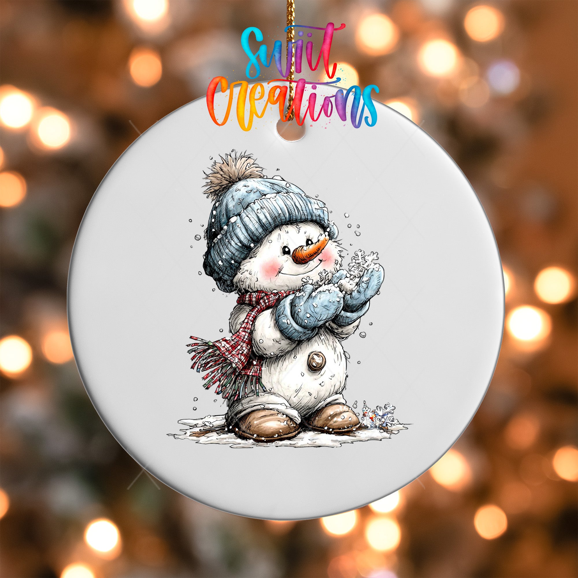 A snowman ornament with a hat, scarf, and boots, holding a snowflake, is hanging against a background of colorful lights.