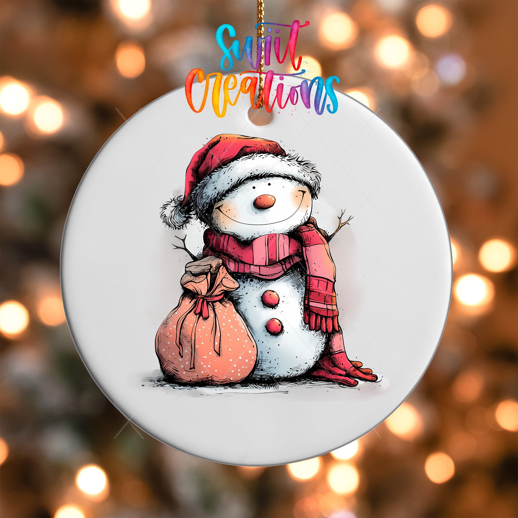 A snowman ornament with a red scarf and hat, holding a bag, is hanging against a background of colorful lights.