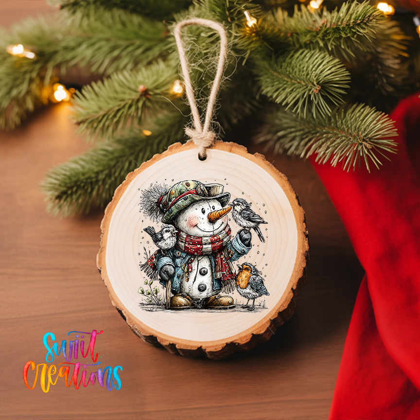 A wooden ornament featuring a snowman with a bird perched on its shoulder, surrounded by pine branches and twinkling lights.