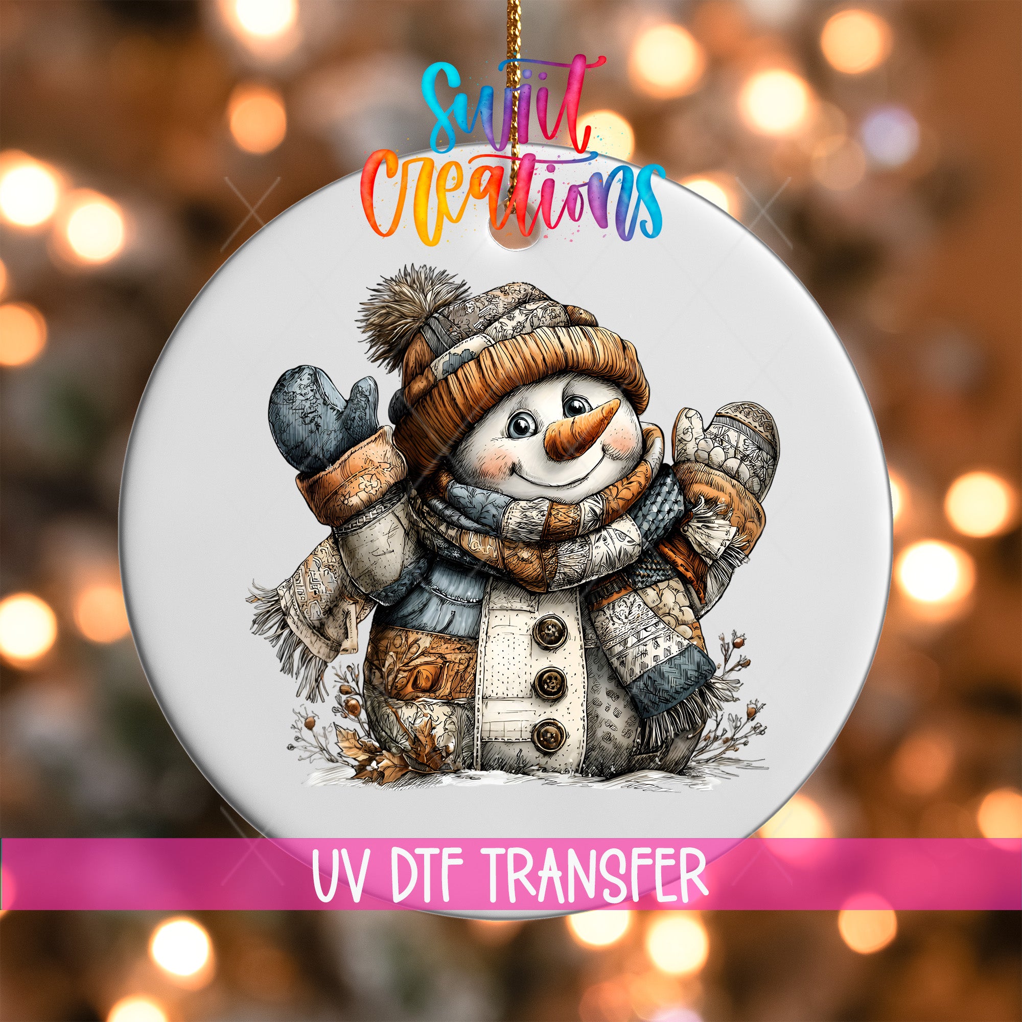 A snowman ornament with a hat, scarf, and mittens, along with a carrot nose, is depicted in the image.