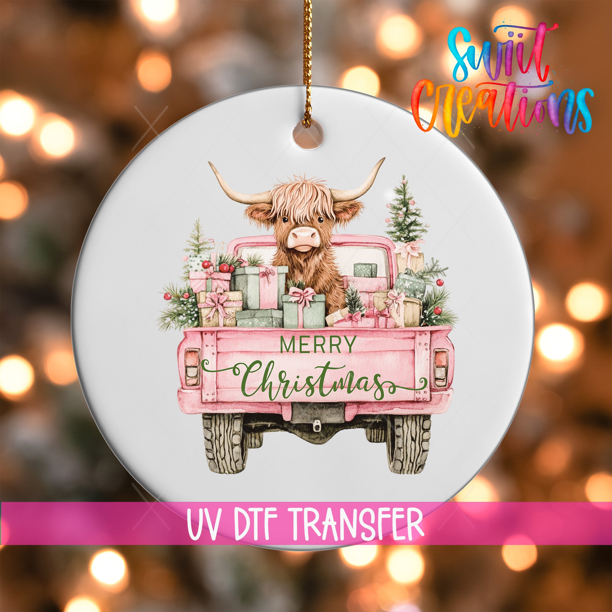 A ceramic ornament featuring a cartoon cow with horns, sitting in the bed of a pink truck decorated with Christmas presents and greenery.