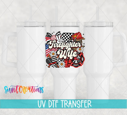 Firefighter Wife UV DTF transfer applied to a white tumbler set from Swiit Creations