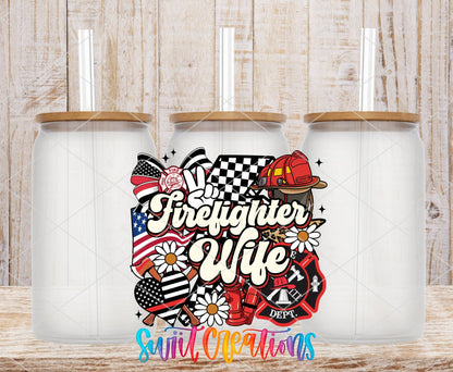 Firefighter Wife UV DTF transfer applied to a clear glass can set from Swiit Creations
