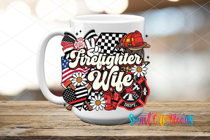 Firefighter Wife UV DTF transfer displayed on a white ceramic mug from Swiit Creations