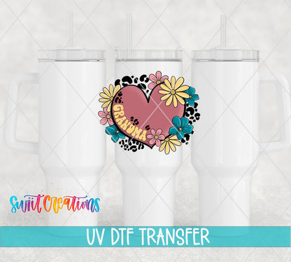 Swiit Creations UV DTF Floral Heart Grandma transfer shown on a white tumbler set