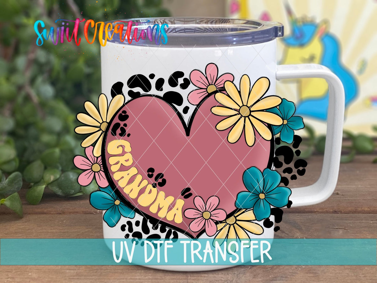 Swiit Creations UV DTF Floral Heart Grandma transfer displayed on a white coffee mug