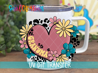 Swiit Creations UV DTF Floral Heart Grandma transfer displayed on a white coffee mug