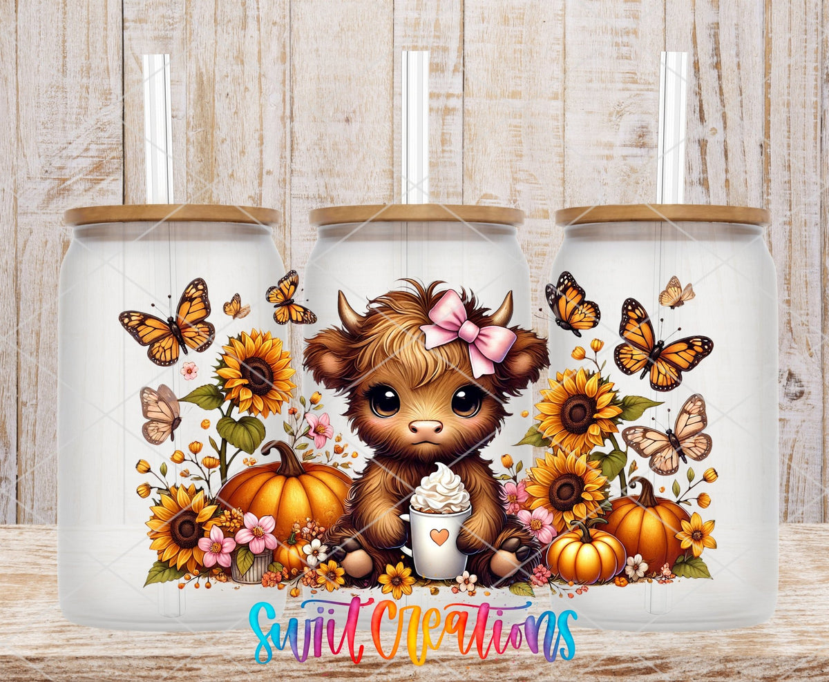Floral Highland Cow UV DTF Transfer Tumbler Wrap | Sunflower Pumpkin Fall Cup Decal | DTF299 - Swiit Creations