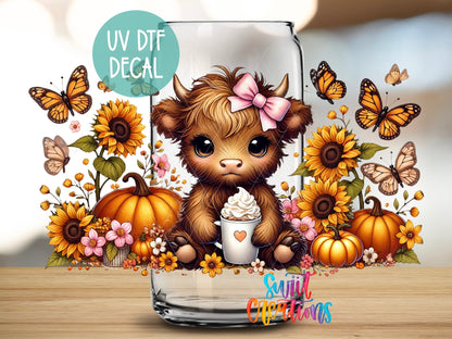 Floral Highland Cow UV DTF Transfer Tumbler Wrap | Sunflower Pumpkin Fall Cup Decal | DTF299 - Swiit Creations
