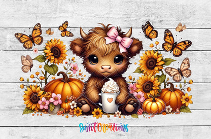 Floral Highland Cow UV DTF Transfer Tumbler Wrap | Sunflower Pumpkin Fall Cup Decal | DTF299 - Swiit Creations
