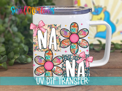 Floral Nana Bow UV DTF transfer displayed on a white coffee mug from Swiit Creations