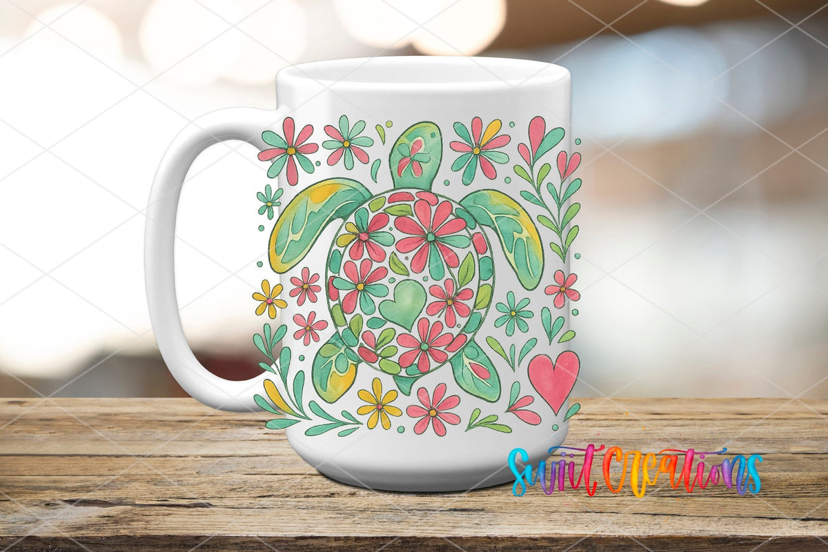 Floral Sea Turtle UV DTF transfer displayed on a white ceramic mug from Swiit Creations