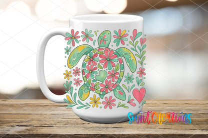 Floral Sea Turtle UV DTF transfer displayed on a white ceramic mug from Swiit Creations
