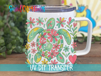 Floral Sea Turtle UV DTF transfer displayed on a white coffee mug from Swiit Creations