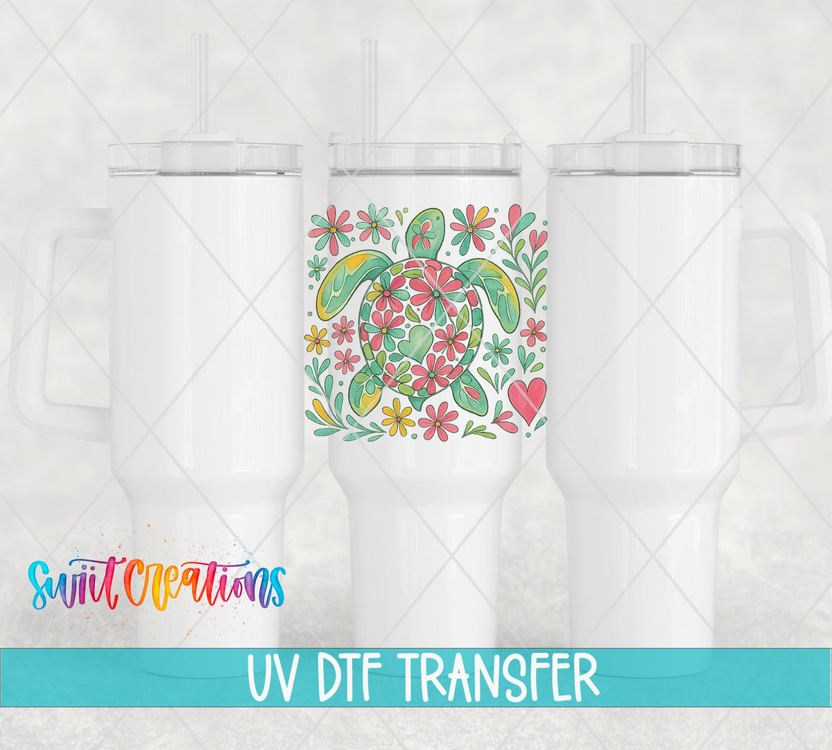 Floral Sea Turtle UV DTF transfer applied to a white tumbler set from Swiit Creations