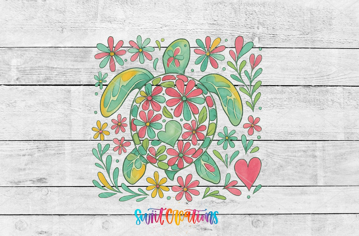 Floral Sea Turtle UV DTF transfer shown as a full artwork preview from Swiit Creations