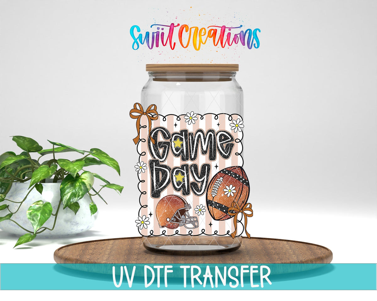 Football Game Day UV DTF transfer displayed on a clear jar mockup from Swiit Creations