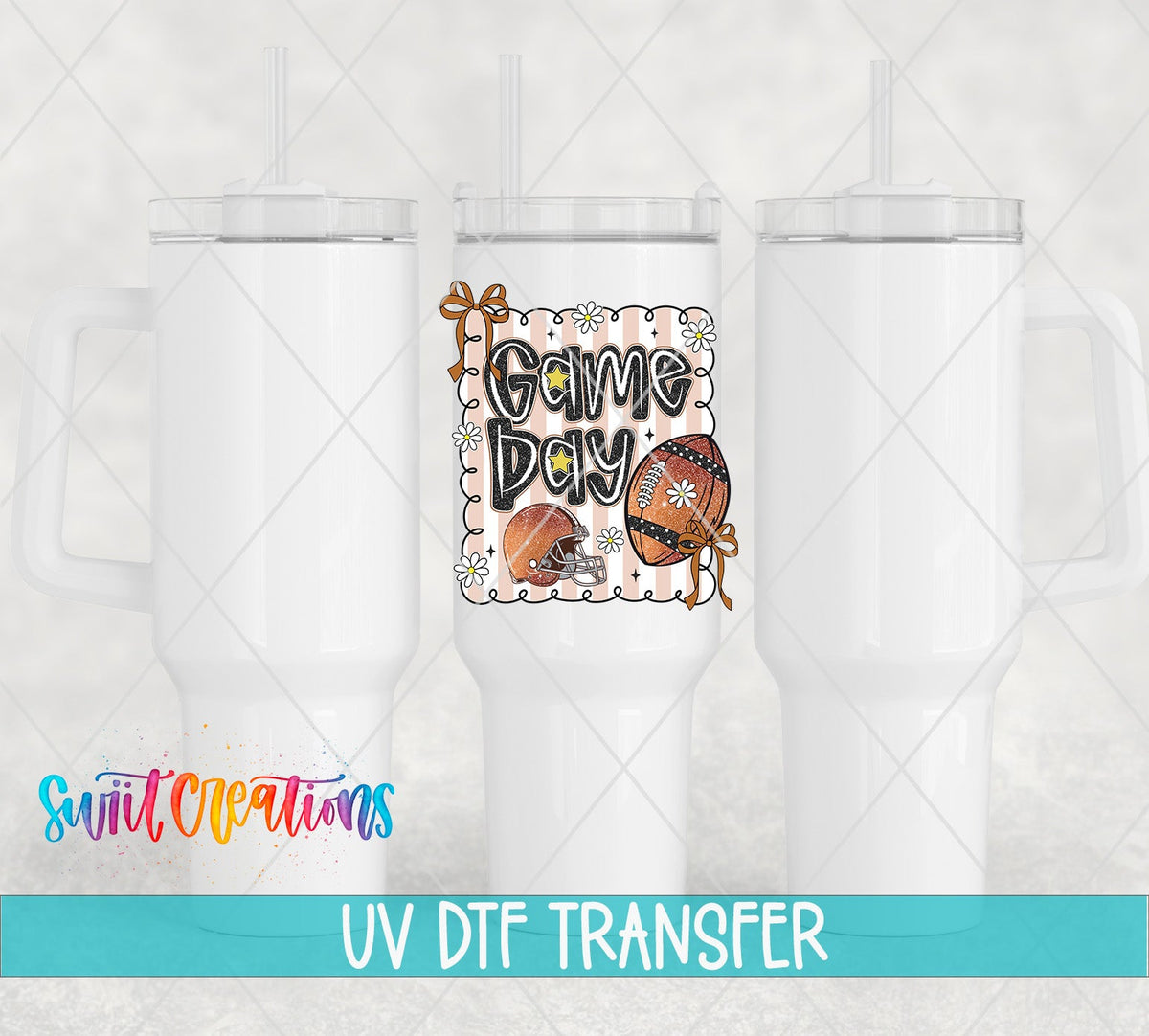 Football Game Day UV DTF transfer applied to a white tumbler set from Swiit Creations