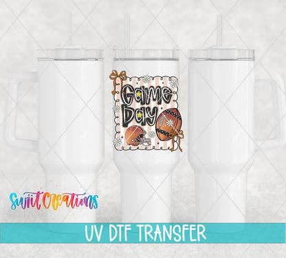 Football Game Day UV DTF transfer applied to a white tumbler set from Swiit Creations
