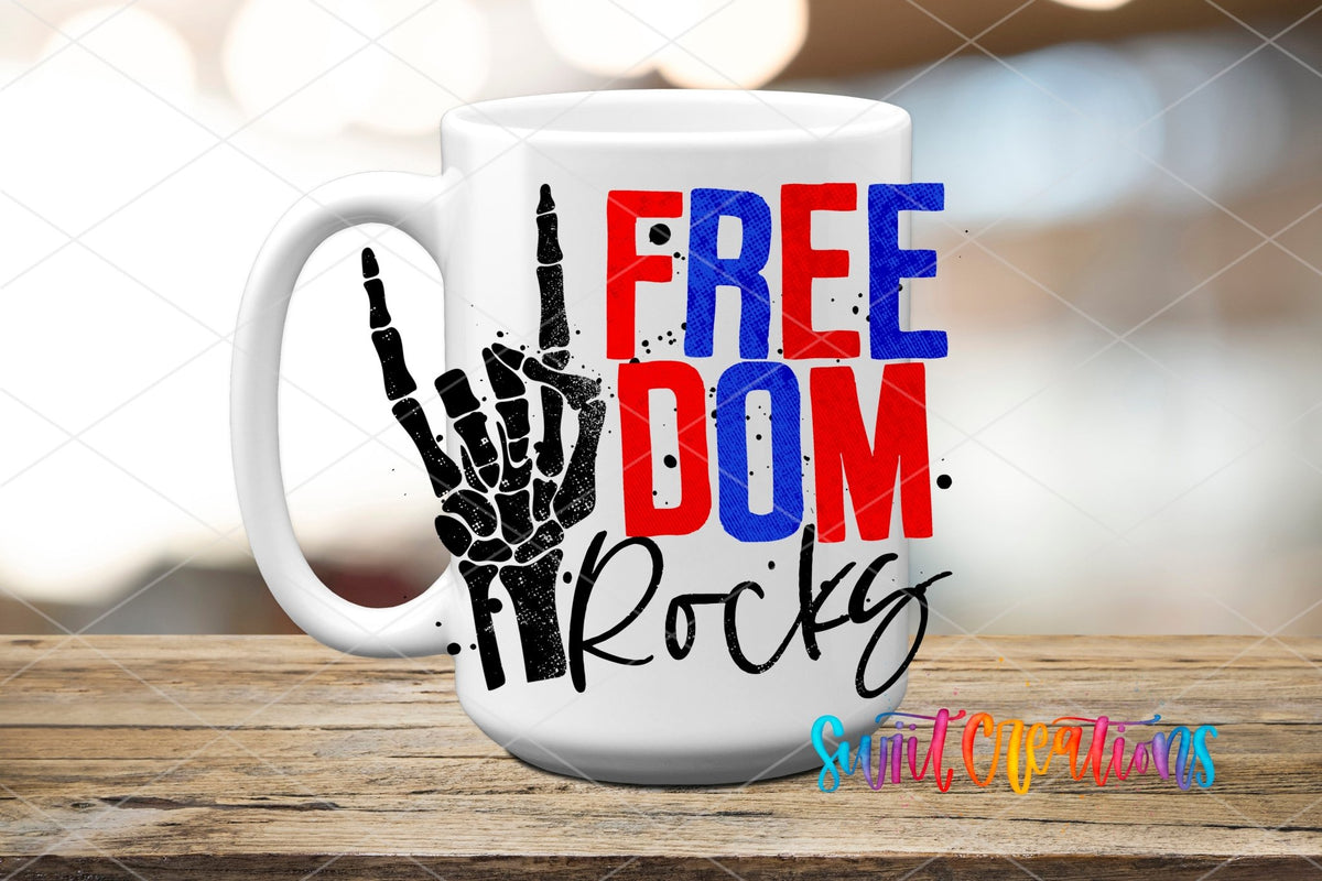 White ceramic mug mockup with the Swiit Creations Freedom Rocks UV DTF transfer