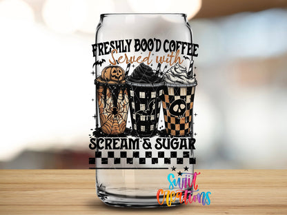 Freshly Bood Coffee Halloween UV DTF transfer applied to a clear glass can from Swiit Creations