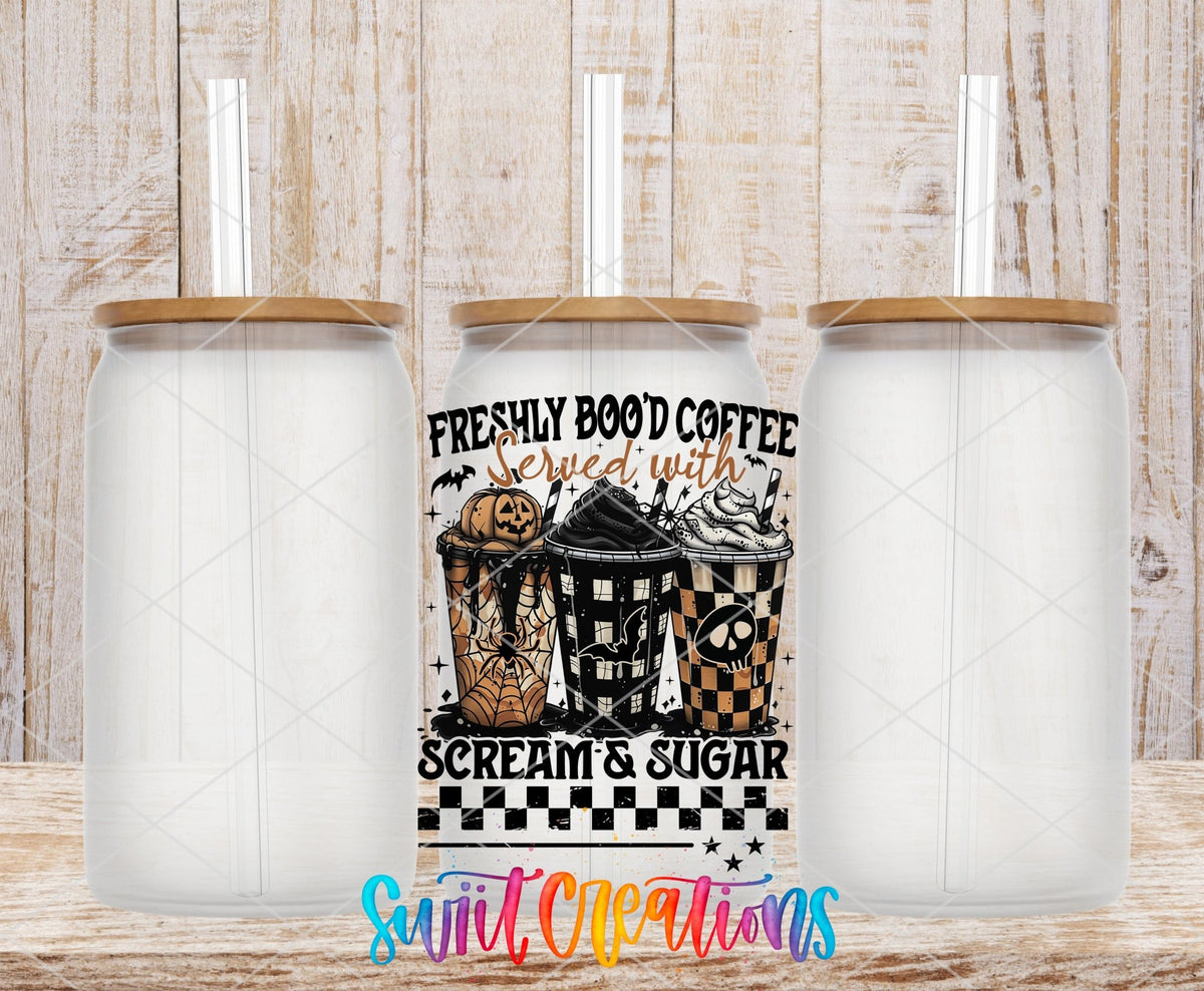 Freshly Bood Coffee Halloween UV DTF transfer applied to a clear glass can set from Swiit Creations