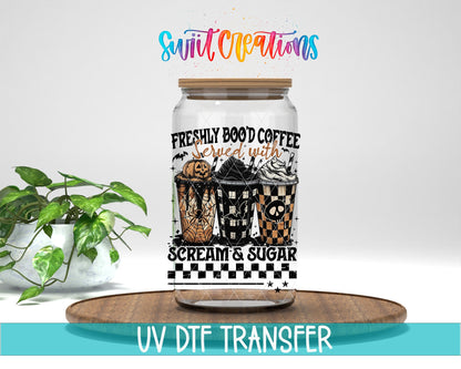 Freshly Bood Coffee Halloween UV DTF transfer displayed on a clear jar mockup from Swiit Creations