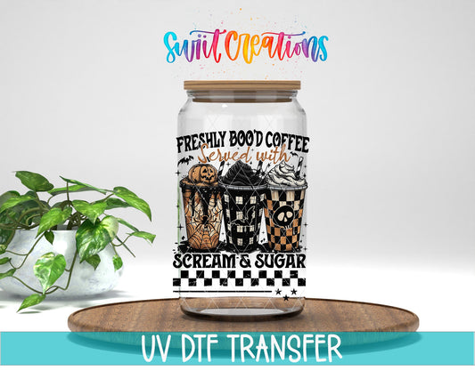 Freshly Bood Coffee Halloween UV DTF transfer displayed on a clear jar mockup from Swiit Creations