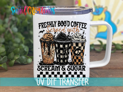 Freshly Bood Coffee Halloween UV DTF transfer displayed on a white coffee mug from Swiit Creations