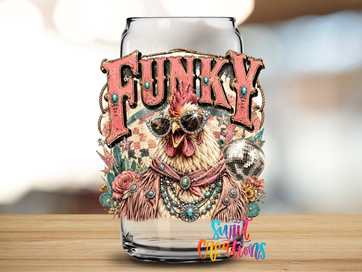 Funky Chicken Western Glam UV DTF transfer applied to a clear glass can from Swiit Creations