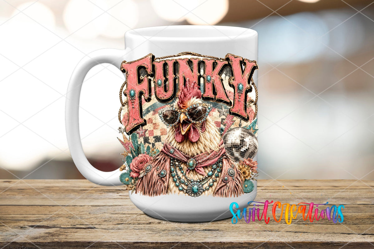 Funky Chicken Western Glam UV DTF transfer displayed on a white ceramic mug from Swiit Creations