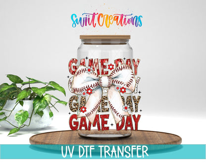Game Day Baseball Croquette UV DTF transfer displayed on a clear jar mockup from Swiit Creations