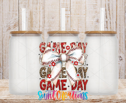Game Day Baseball Croquette UV DTF transfer applied to a clear glass can set from Swiit Creations